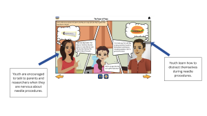 Screenshot of DigiKnowIt News digital comic book that teaches youth to talk to parents about needle fears.