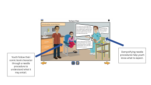 Screenshot of DigiKnowIt News digital comic book demonstrating what it may be like to get a blood draw.