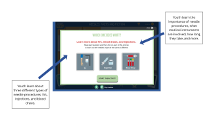 Screenshot from DigiKnowIt News learning activities teaching youth about IVs, blood draws, and injections.