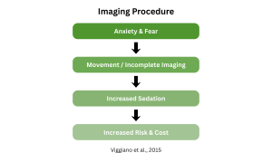 Flow diagram showing imaging fear leading to movement and incomplete imaging, leading to increased sedation, leading to increased risk and cost (Viggiano et al., 2015).