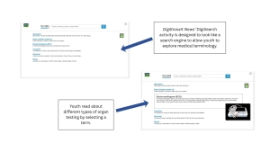 Screenshot of a DigiKnowIt News "DigiSearch" activity designed to look like a search engine to allow youth to explore medical terminology.