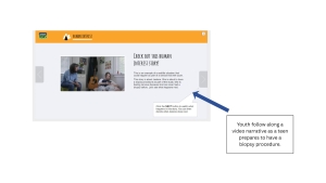 Screen capture of a DigiKnowIt News "Human Interest Story" where youth follow along a video narrative as a teen prepares to have a biopsy procedure.
